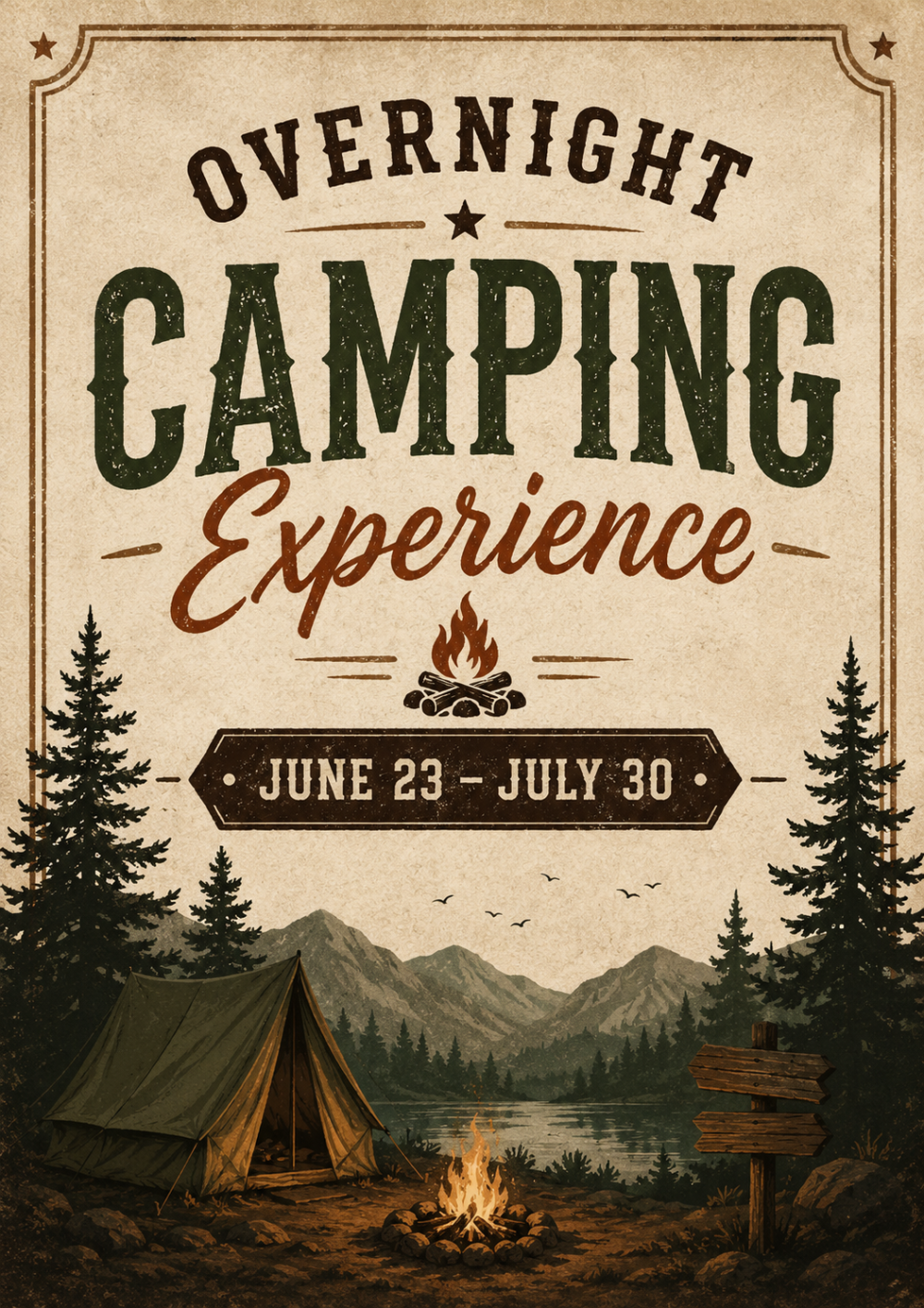 Retro-style poster for an overnight camping experience with tents, campfire, and mountain scenery.