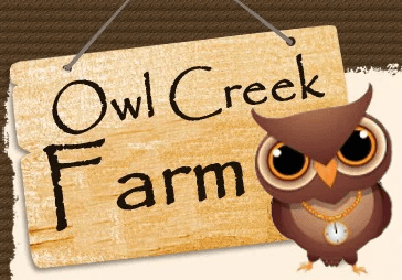 Sign reading 'Owl Creek Farm' with cartoon owl next to it.