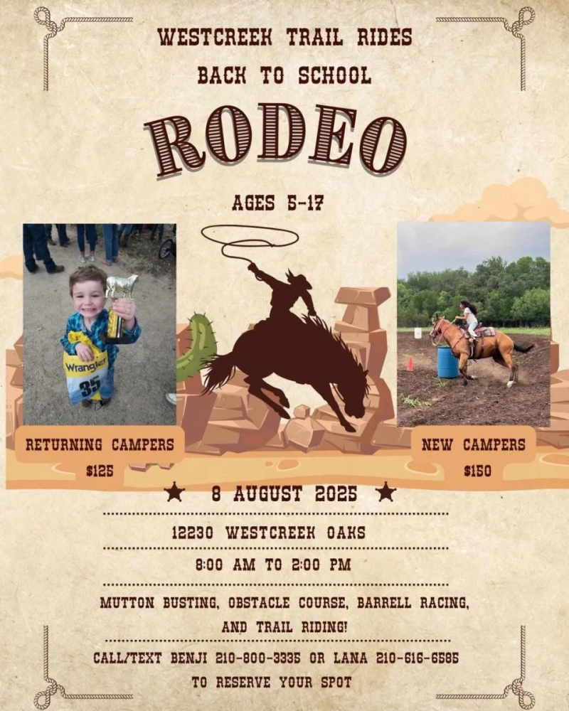 Rodeo event flyer with photos of a lamb-holding child and a horseback rider, details on date and activities included.