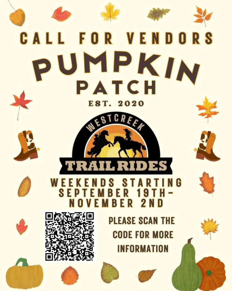 Flyer for pumpkin patch vendors; includes QR code, leaves, boots, and pumpkins.