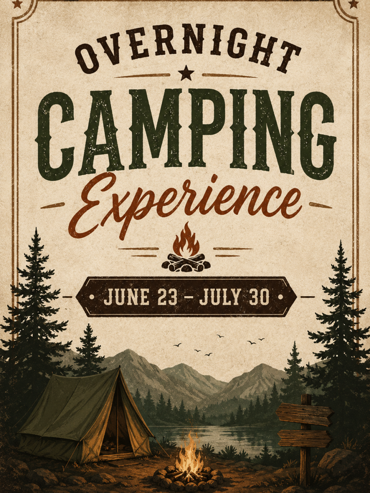 Retro-style poster for an overnight camping experience with tents, campfire, and mountain scenery.