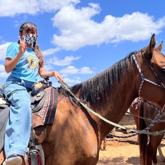 Person on a brown horse under a blue sky with clouds, making a peace sign.