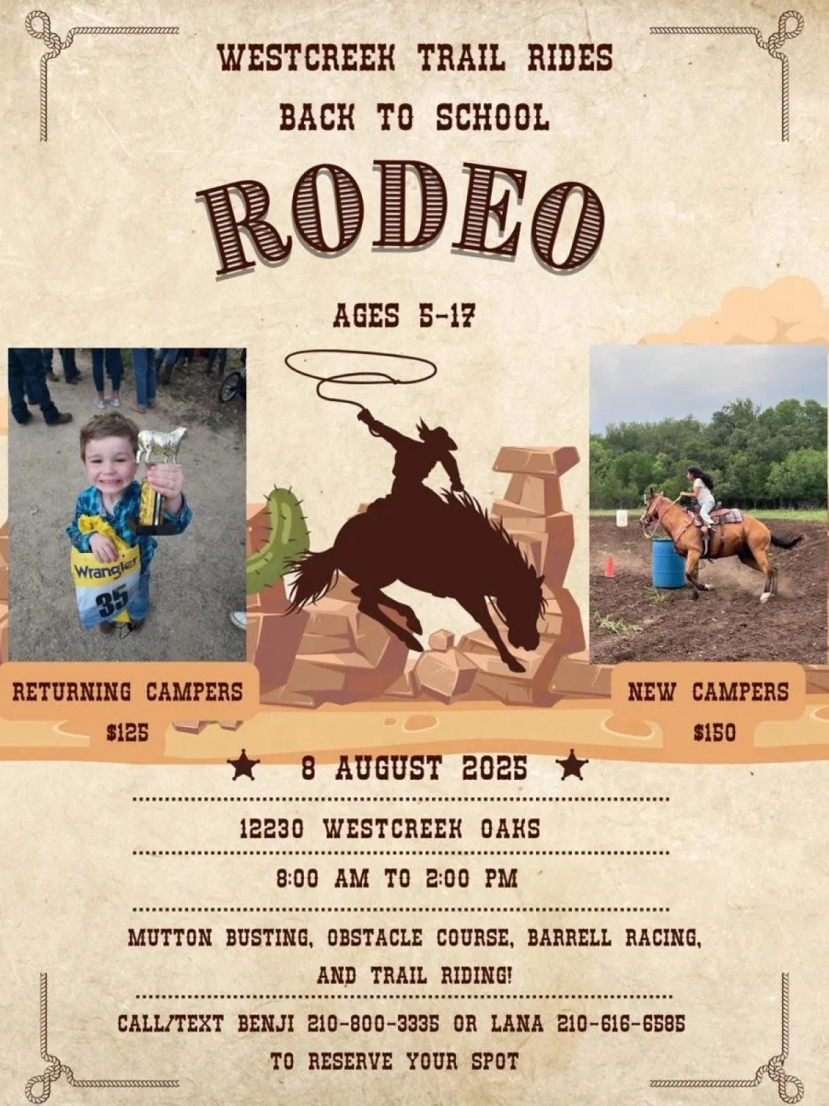 Rodeo event flyer with photos of a lamb-holding child and a horseback rider, details on date and activities included.