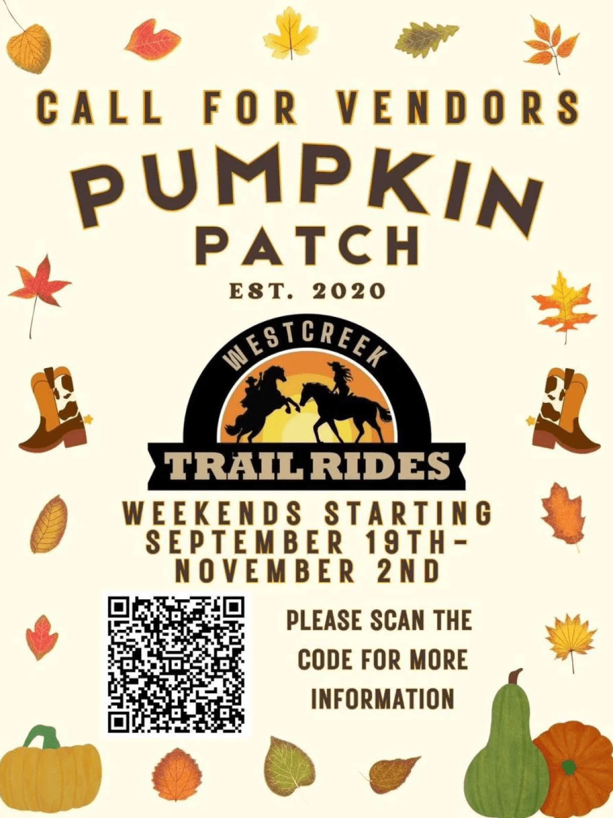 Flyer for pumpkin patch vendors; includes QR code, leaves, boots, and pumpkins.