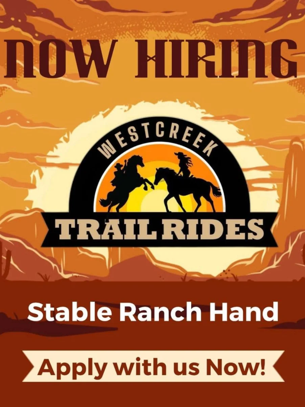 Hiring ad for Stable Ranch Hand at Westcreek Trail Rides with desert scenery.